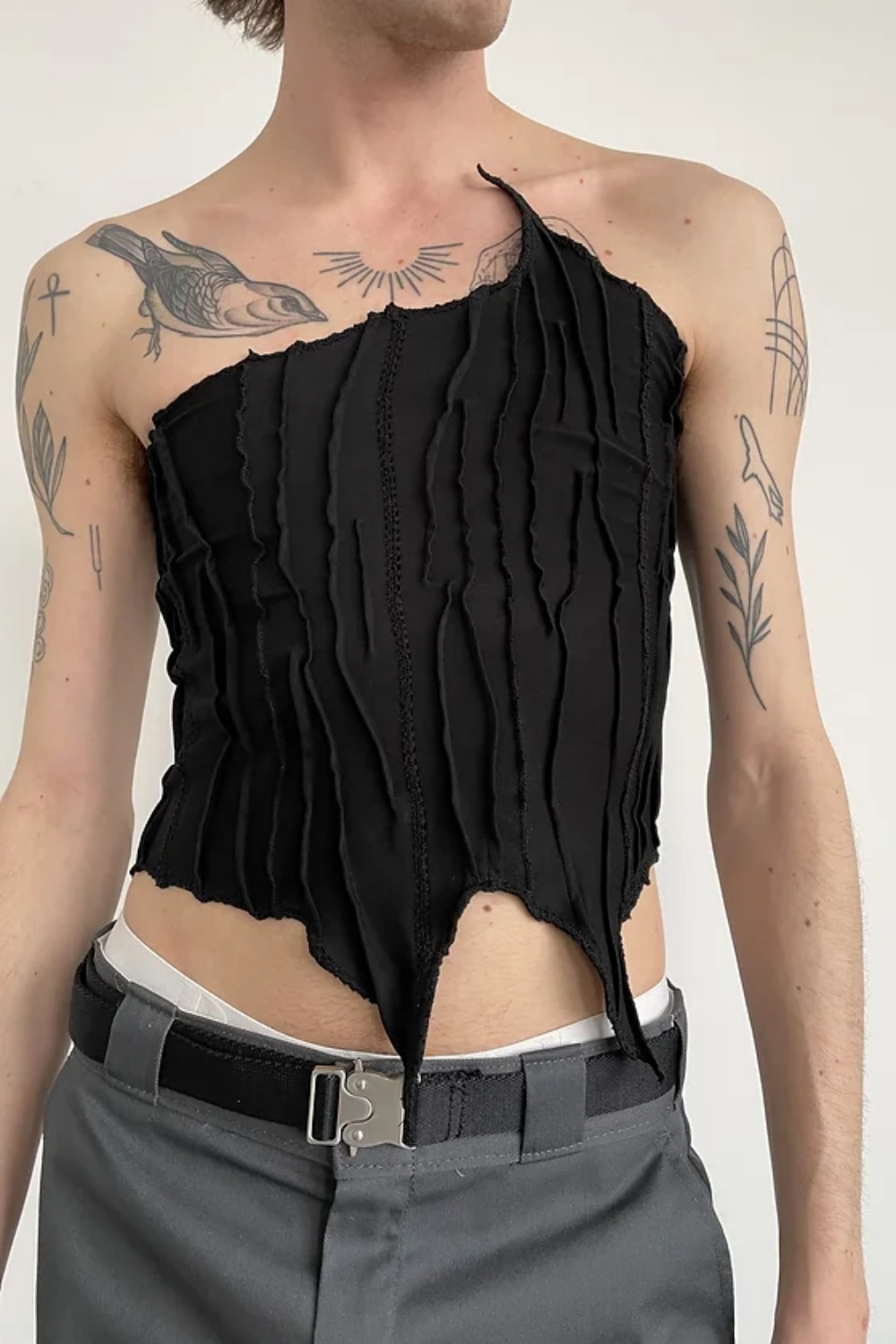 Black asymmetric full suture scraps corset top